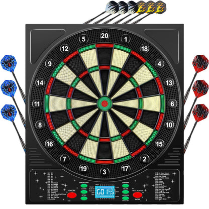 Mejasg Elektronische Dartscheibe – Deutsche Stimme, LCD: Runde, schwarze Dartscheibe mit LCD. Ermöglicht elektronisches Dartspiel und Punktezählung.