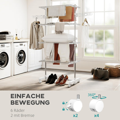 HOMCOM Turmwäscheständer, 4 Ebenen, klappbare Flügel, Rollen, weiss