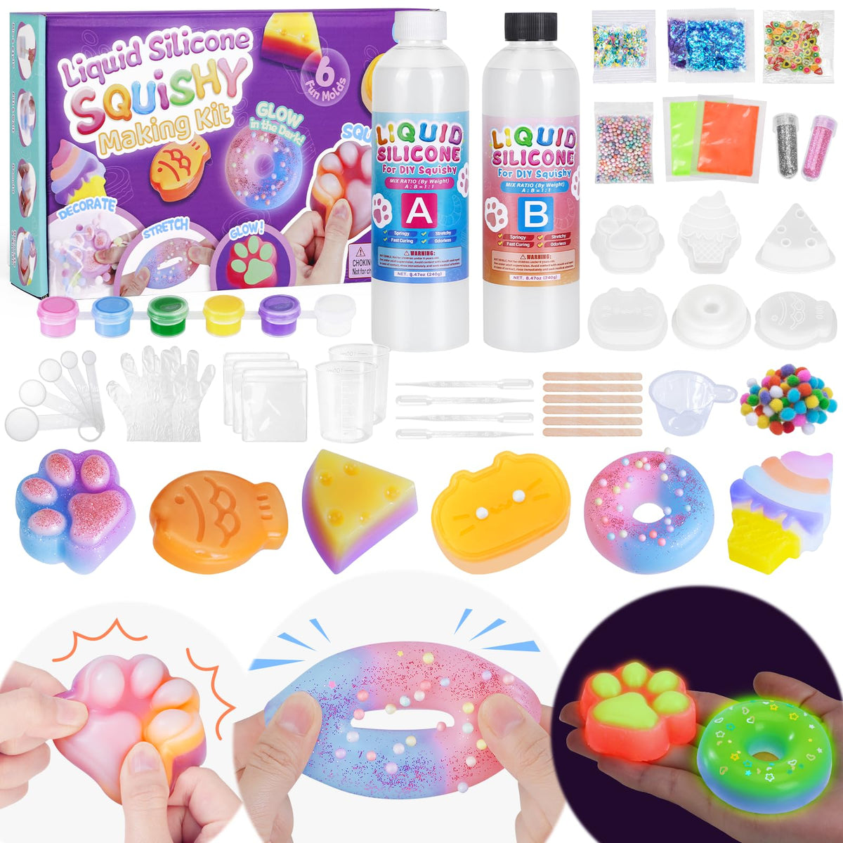 Highttoy Squishy Bastelset mit Flüssigsilikon, 480 ml und 6 Formen, Komplettset mit Deko-Zubehör und Anleitung