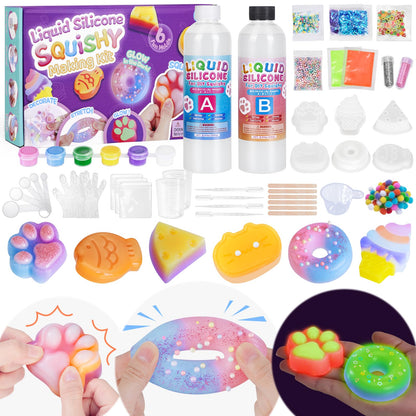Highttoy Squishy Bastelset mit Flüssigsilikon, 480 ml und 6 Formen, Komplettset mit Deko-Zubehör und Anleitung