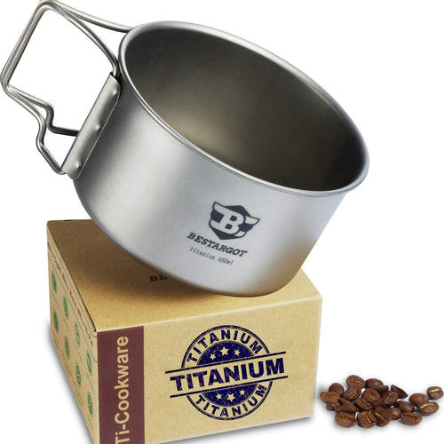 Bestargot Titan Becher 750 ml, ultraleichter Camping Topf, 130 g mit faltbarem Griff und Isolierbeutel