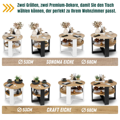 defiPad Couchtisch rund Eiche Ø 53 cm mit Ablage, 2 Ebenen