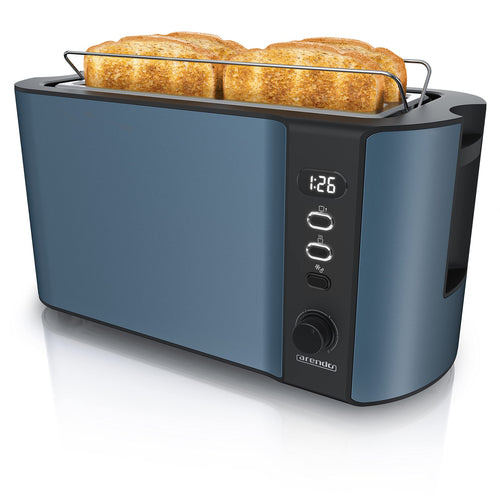 Arendo Frukost Langschlitztoaster Edelstahl 4 Scheiben Admiral Blau mit Brötchenaufsatz und Display