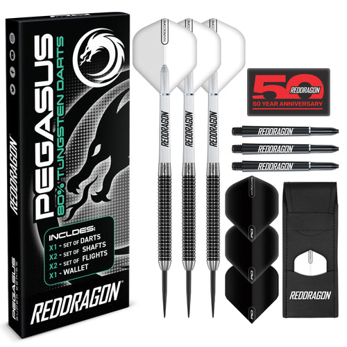Red Dragon Pegasus Steeldarts 23 g – 80 % Tungsten Dartpfeile Set mit schwarz-weissen Flights und Schäften