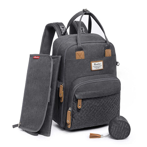 RUVALINO Wickelrucksack Wickeltasche mit Wickelauflage, Dunkelgrau aus wasserfestem Stoff mit gepolsterten Schultergurten