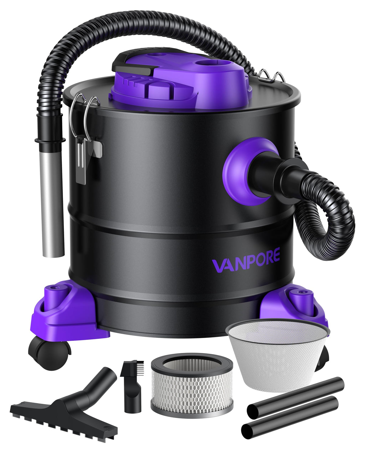 VANPORE Aschesauger 20L 1200W - Kaminstaubsauger Lila. Zylindrischer, lila Aschesauger mit 20L Behältervolumen, reinigt Kamin und Ofen von kalter Asche.
