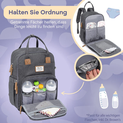 RUVALINO Wickelrucksack mit Wickelauflage und Schnullerhalter, Grau