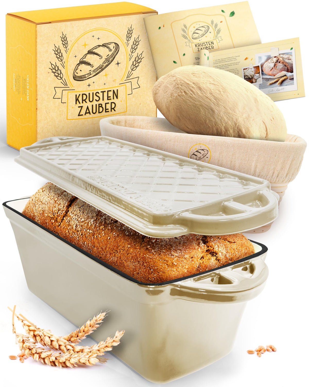 KRUSTENZAUBER Gusseisen Brotbackform mit Deckel – 28cm Emaille. Emaillierte Gusseisenform zum Backen von Brot.