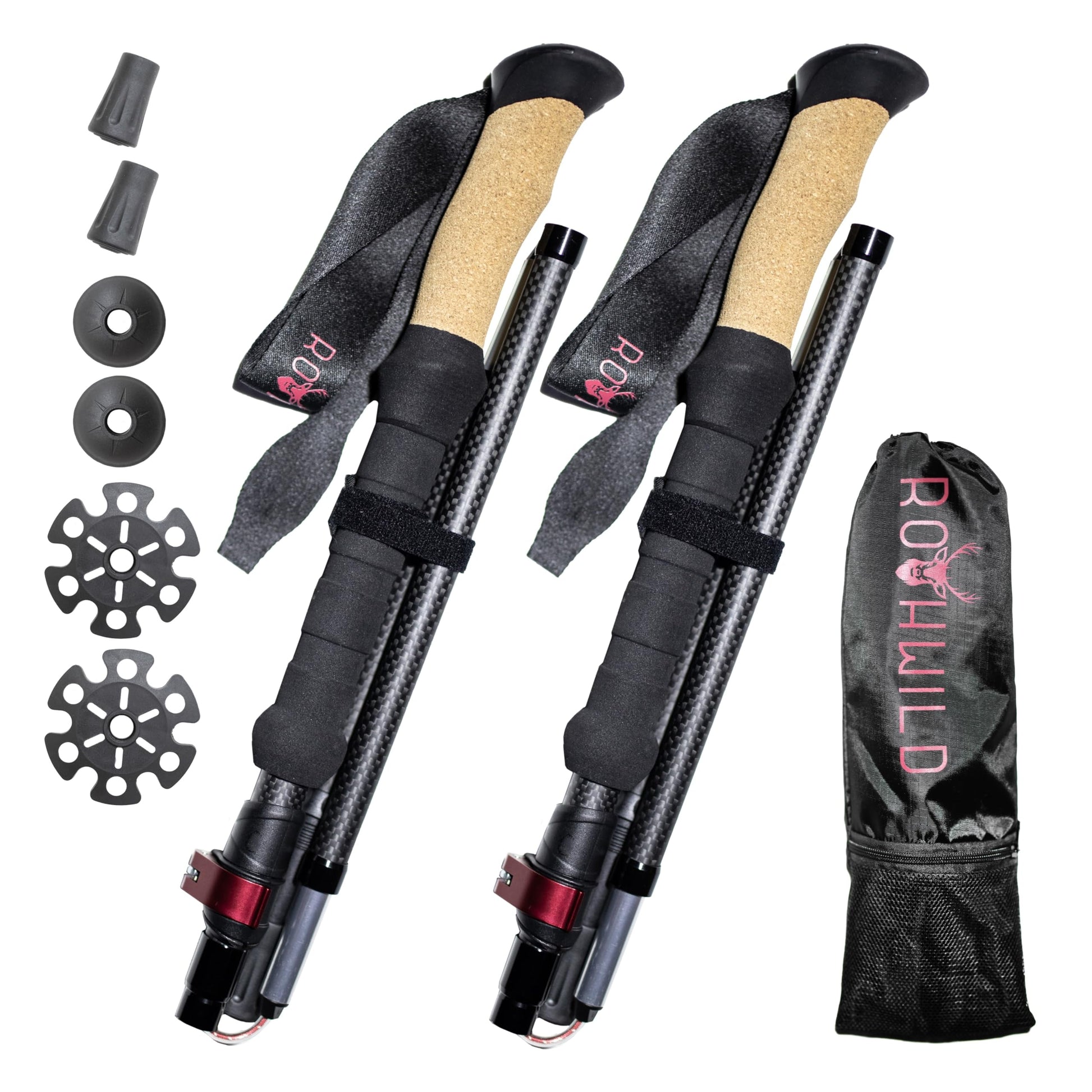 Rothwild Platzhirsch Carbon Wanderstöcke faltbar 105-125cm. Schwarze Carbon-Faltstöcke für sicheren Halt beim Wandern.