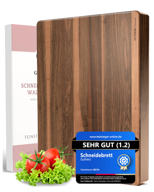 Gutherz® Schneidebrett Nussbaumholz XXL: Großes, dunkelbraunes Nussbaumholzbrett zum präzisen Schneiden und Tranchieren von Lebensmitteln.