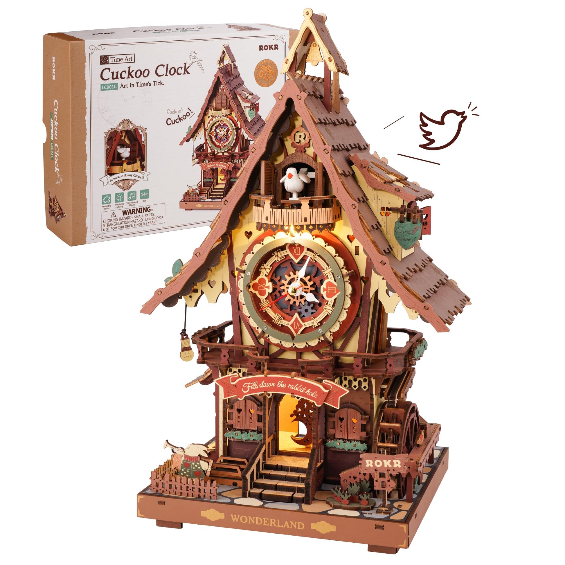 ROKR Kuckucksuhr 3D Holzpuzzle Modellbausatz Erwachsene LC901C: Braune Holzkuckucksuhr in Hausform zum Zusammenbauen und als funktionale Uhr.