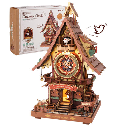 ROKR Kuckucksuhr 3D Holzpuzzle Modellbausatz Erwachsene LC901C: Braune Holzkuckucksuhr in Hausform zum Zusammenbauen und als funktionale Uhr.