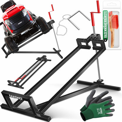 MASKO® XXL Rasentraktorheber 450kg Neigbar – Schwarz. Schwarzer Heber zum Anheben und Neigen von Rasentraktoren bis 450kg für Wartung.
