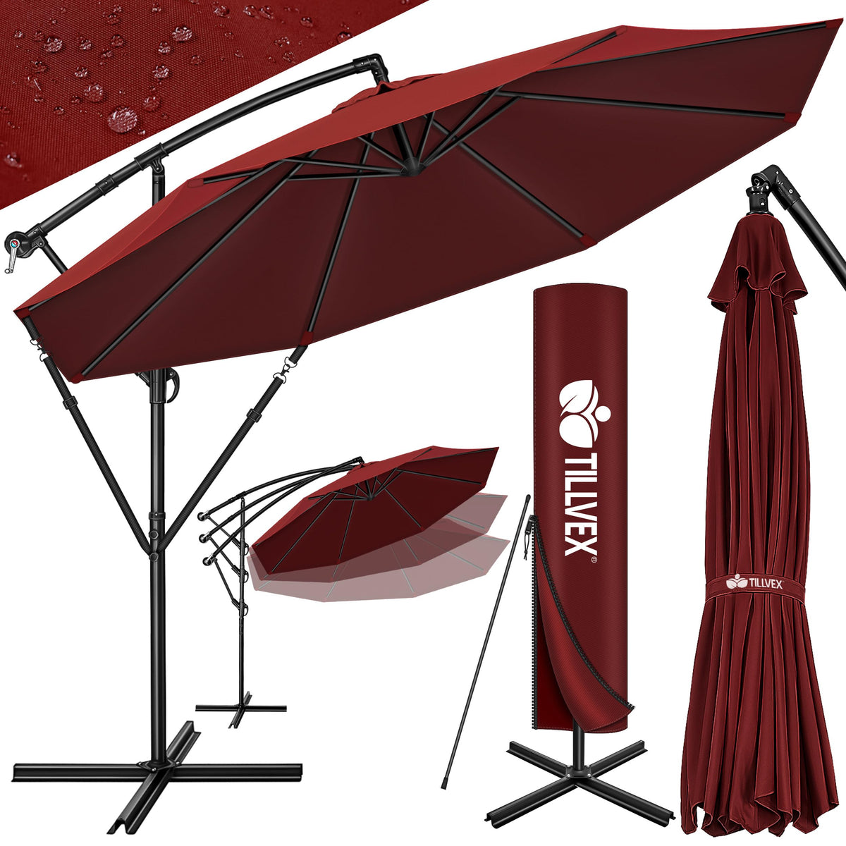 tillvex Ampelschirm Aluminium Ø 350 cm mit Kurbel, UV-Schutz, Rot - freistehender Gartenschirm