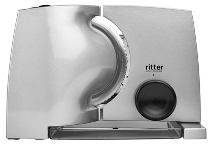 ritter compact 1 Elektrischer Allesschneider aus Metall, silberfarbenes Metallgehäuse, klappbar. Zum präzisen Schneiden von Brot, Wurst, Käse und mehr.