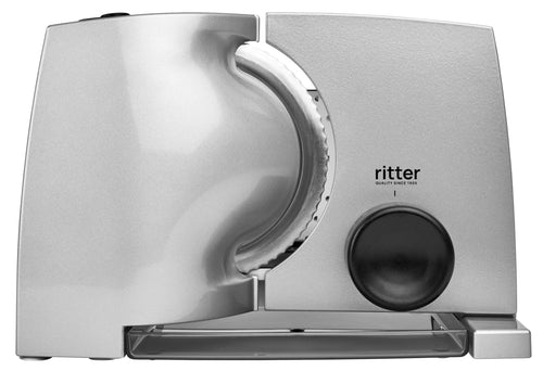 ritter compact 1 Elektrischer Allesschneider aus Metall, silberfarbenes Metallgehäuse, klappbar. Zum präzisen Schneiden von Brot, Wurst, Käse und mehr.