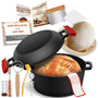 NZQXJXZ Gusseisen Brotbacktopf Dutch Oven – 26cm 2-in-1. Schwarzer, runder Gusseisentopf zum Brotbacken und Schmoren.