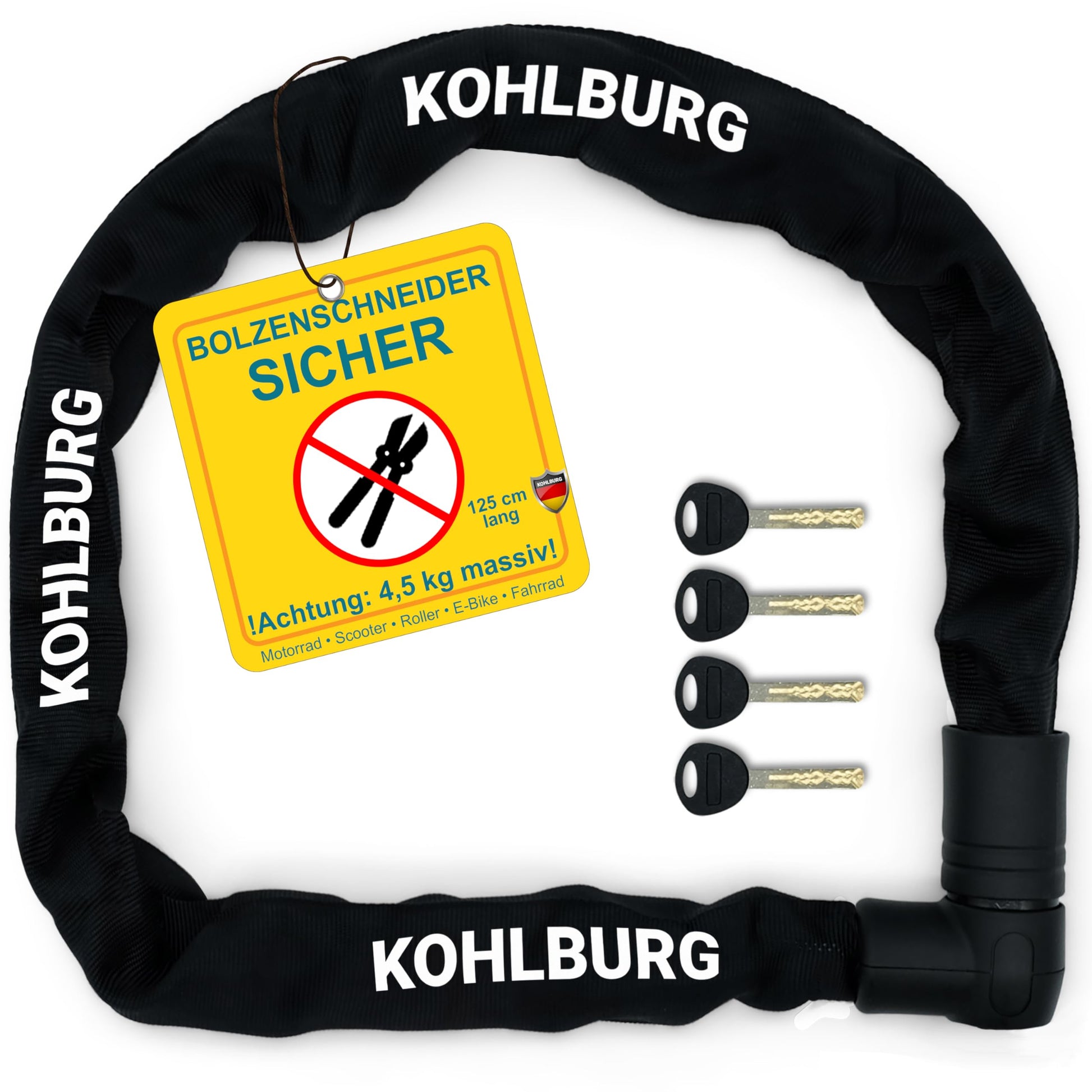 KOHLBURG Kettenschloss – 125cm Bolzenschneider-sicher Level 15. Robustes Gliederkettenschloss mit Textilummantelung. Schützt Fahrräder und Motorräder sicher vor Diebstahl.