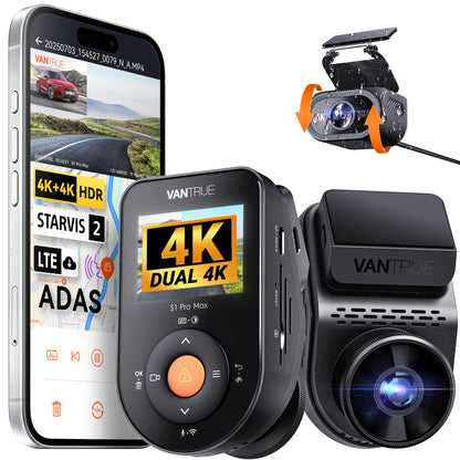 VANTRUE S1 PRO MAX Auto Dashcam - 4K+4K Dual Vorne Hinten: Kompakte, schwarze Dashcam, zeichnet Fahrten dual in 4K auf.