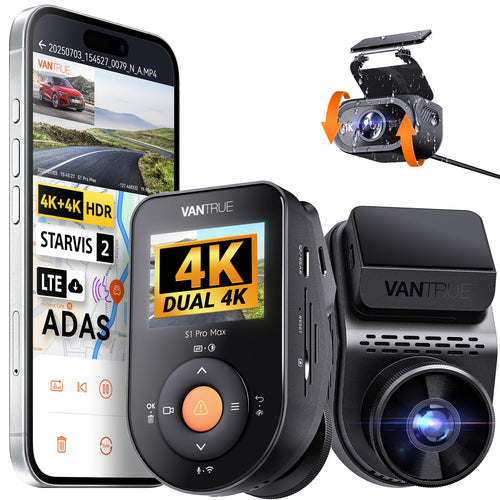 VANTRUE S1 PRO MAX Auto Dashcam - 4K+4K Dual Vorne Hinten: Kompakte, schwarze Dashcam, zeichnet Fahrten dual in 4K auf.
