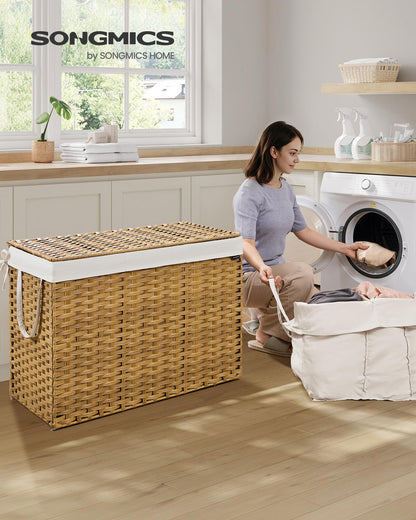 SONGMICS Wäschekorb LCB320Y01 - 3 Fächer, Rattan-Optik, Natur