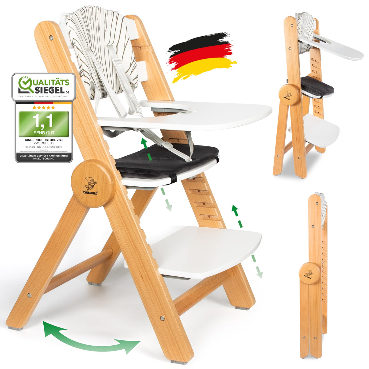 ZWERGHELD® Kinderhochstuhl ZS3 Set mitwachsend - Natur. Naturfarbener, mitwachsender Hochstuhl zur Höhenanpassung an Kinder am Esstisch.