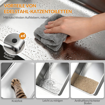 Fobyfurny Edelstahl-Katzenklo XXL geschlossen mit Deckel, Cremegrau