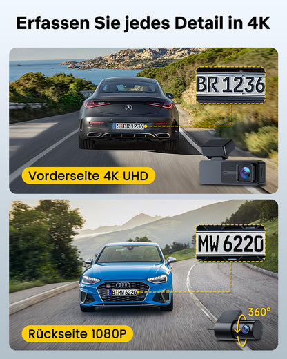 GKU D700 Dashcam Auto, 4K Dual-Kamera vorne hinten mit GPS, WLAN