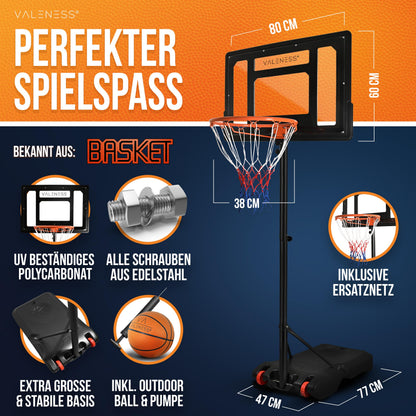 VALENESS Basketballkorb Outdoor höhenverstellbar 150-210 cm mit Ball
