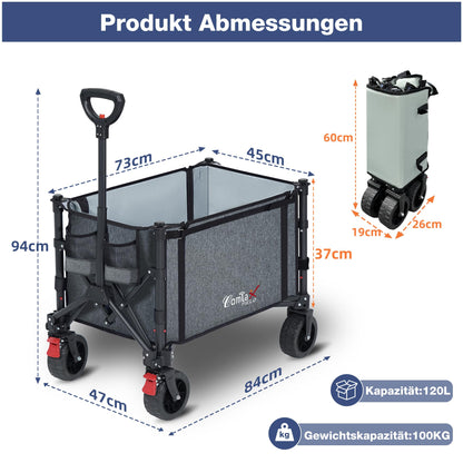 COMLAX FIELD Bollerwagen faltbar mit All-Terrain-Rädern, 120 l, grau