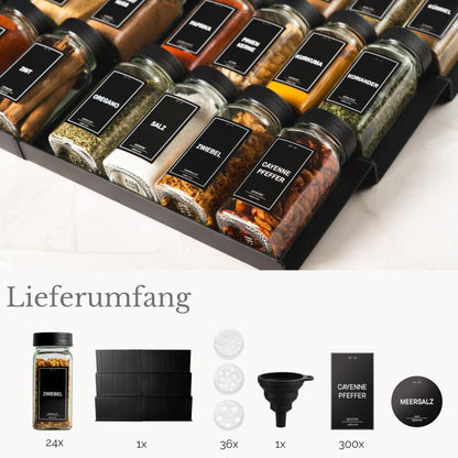 Greeano Gewürzgläser Set mit Schubladeneinsatz, 24 x 120 ml, Schwarz