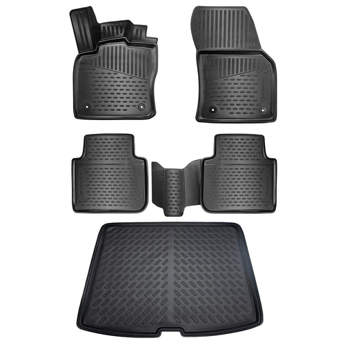 ELMASLINE Skoda KODIAQ Gummimatten & Wanne Set – 2016-2024 5cm Rand: Schwarzes Set schützt Kodiaq-Innenraum vor Schmutz/Nässe.