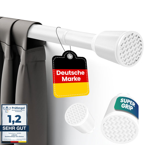 LOBUX Gardinenstange ohne Bohren, Teleskopstange weiss, 110-250 cm aus pulverbeschichtetem Karbonstahl