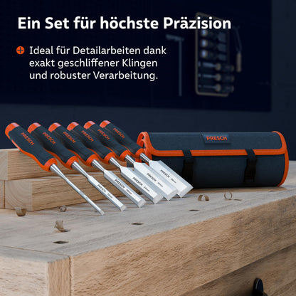 PRESCH Stechbeitel Set für Holz 6-teilig mit Metallschlagkappe