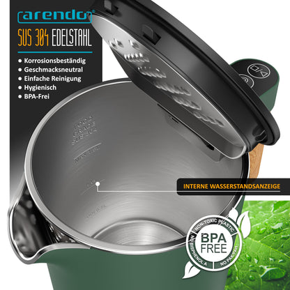 Arendo Wasserkocher Edelstahl mit Temperatureinstellung, 1,5 L, grün