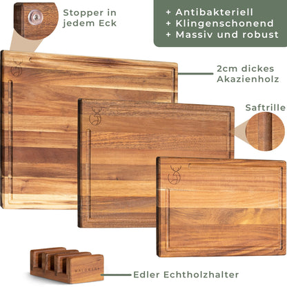 WALDWERK Schneidebretter Akazie 3er Set – mit Brettständer
