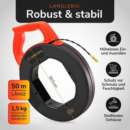 CAPRITOOL Kabeleinziehhilfe 50 m – Einziehfeder mit 5 Adaptern