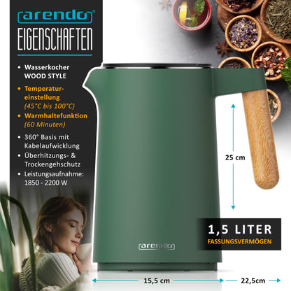 Arendo Wasserkocher Edelstahl mit Temperatureinstellung, 1,5 L, grün