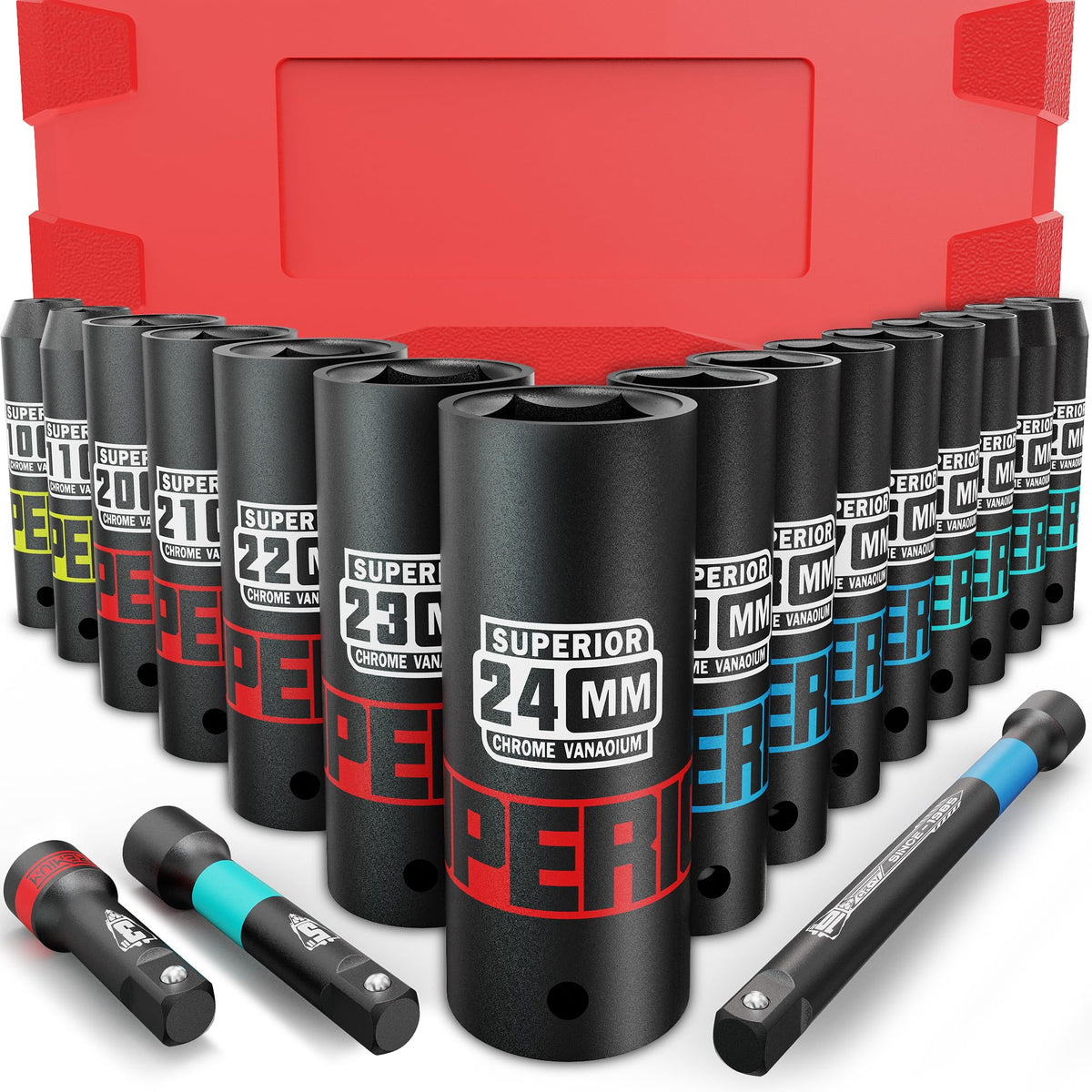 KIRXST Schlagschrauber Nüsse Set 1/2 Zoll, 18-teilig, 10–24 mm – Schlagnüsse im Werkzeugkasten