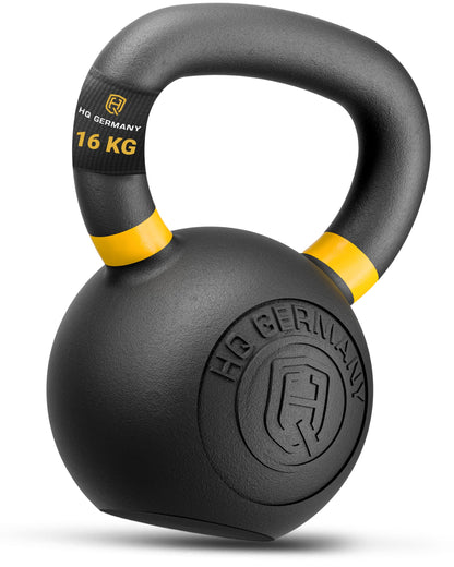 HQ Germany Powdercoat Fitness Kettlebell Vollguss - 16KG. Schwarze, solide gegossene Form mit Griff für funktionelles Krafttraining.
