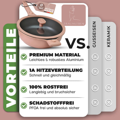 TRAUMLEBEN Bratpfanne 28 cm mit Deckel und abnehmbaren Griffen