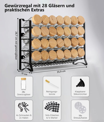 Deco haus Gewürzregal stehend & hängend mit 28 Gewürzgläsern, schwarz