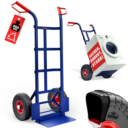 GARDEBRUK Sackkarre klappbar 200kg Luftbereifung – Blau. Blaue, klappbare Sackkarre zum Lastentransport bis 200kg.