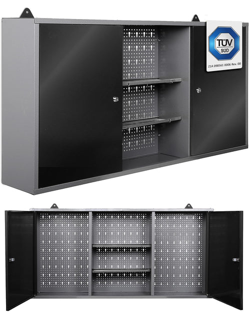 Ondis24 Kurt Werkstatt Hängeschrank abschliessbar - Grau Schwarz 120 cm. Rechteckiger Schrank zur sicheren Werkzeugaufbewahrung.