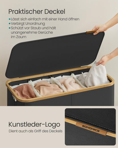 SONGMICS Wäschekorb mit Deckel, 4 Fächer, 200 L, tintenschwarz