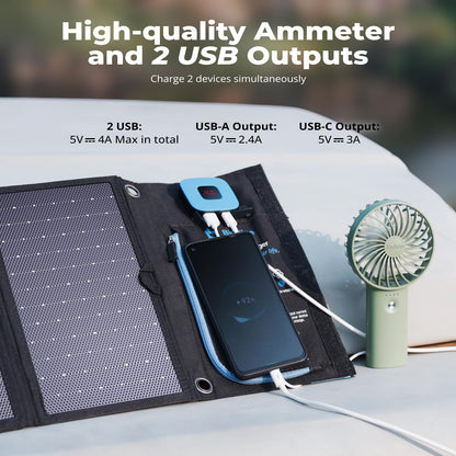 BigBlue 28W Tragbares Solar-Ladegerät USB-C/A - Digital Amperemeter
