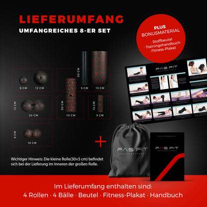 Fas Fit Faszienrolle Set 8-teilig rot – Faszienball und Massageball