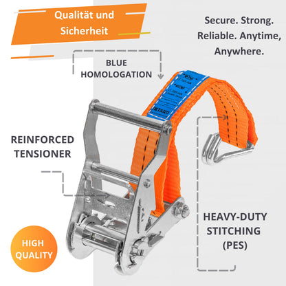 INTAKO Spanngurte mit Ratsche und Haken, 4er-Set, 6 m, 2000 kg