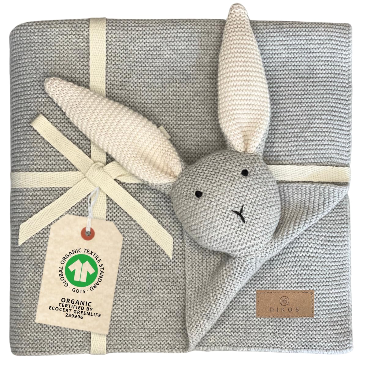 DIKOS SCHMUSE-Hase Babydecke & Kuscheltuch aus Bio-Baumwolle, grau, mit handvernähter Hasenfigur