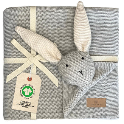 DIKOS SCHMUSE-Hase Babydecke & Kuscheltuch aus Bio-Baumwolle, grau, mit handvernähter Hasenfigur